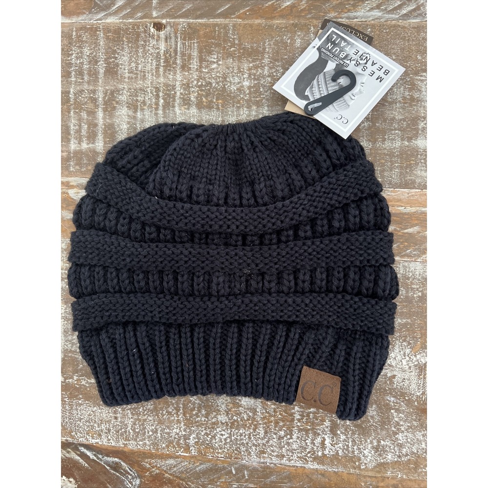 CC Beanie Tail Soft Stretch Cable Knit Messy High Bun Ponytail Beanie